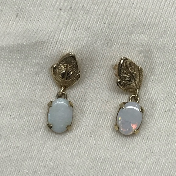 Antique 14k Gold Stud Drop Fire Opal Earrings - Picture 2 of 10